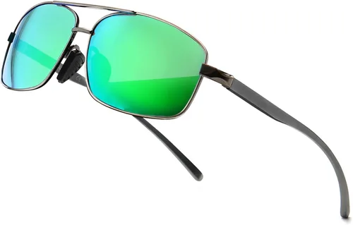 SUNGAIT lentes de sol polarizados rectangulares livianos con protección 100% contra rayos UV Lente espejada verde con marco de metal