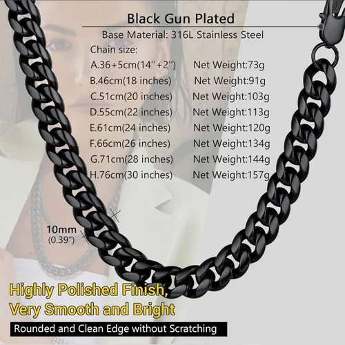 Miniatura 4 de PROSTEEL Trendy Cuban Links Necklace for Men Women, Black18K Gold Plated 316L Stainless Steel, W 4.8mm-14mm, L 14inch-30inch, Come Gift Box