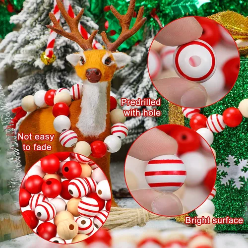 Miniatura 3 de Jetec 160 cuentas de madera coloridas de Navidad para manualidades de 0.632 pulgadas (0.630 in), rústicas, naturales, redondas, de madera pulida
