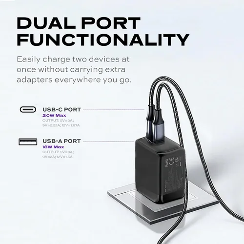 Miniatura 3 de STATIK Fast-Charging GaN Power Adapter - 20W Dual USB C & USB - Foldable Compact Charger for iPhone, iPad, Samsung, Pixel - Smart Overheat
