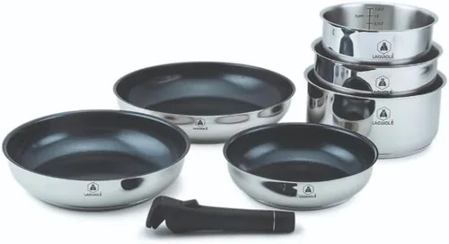LAGUIOLE, Juego de cocina de acero inoxidable de 7 piezas con revestimiento de cerámica antiadherente, mango extraíble, seguro para inducción, Oro