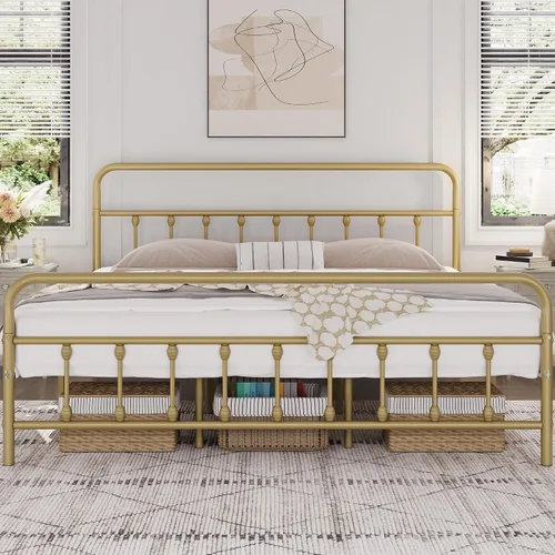 Miniatura 24 de Yaheetech Base de cama clásica de metal con base de colchón con estilo victoriano, cabecera, estribo, almacenamiento debajo de la cama, no necesita