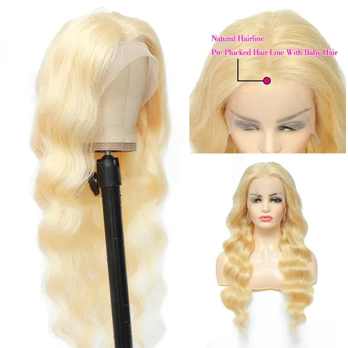 Miniatura 3 de Peluca de cabello humano con encaje frontal de onda corporal, rubio 613, brasileña 13x4, peluca frontal de encaje rubio de 200 densidad, nudos Rubio