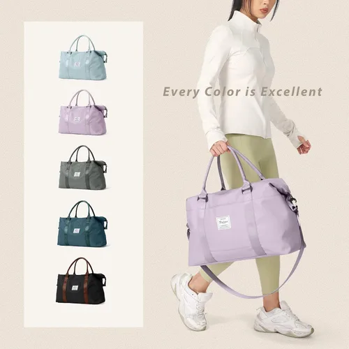 Miniatura 7 de Bolsa de gimnasio para mujer con compartimento para zapatos, bolsa de lona de viaje, bolsa de deporte para gimnasio, F5-Púrpura Claro, Bolsa de viaje