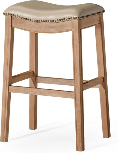 Miniatura 23 de Maven Lane Adrien Taburete de bar sin espalda, asiento de silla de montar de 31 pulgadas con reposapiés, marco de madera maciza gris y tapicería