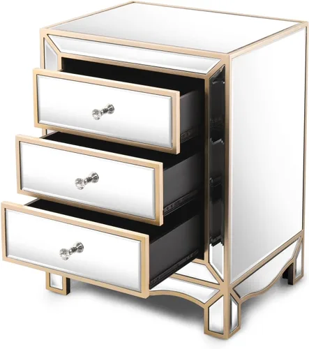 Miniatura 8 de Henf Elegante mesita de noche de espejo con borde dorado plateado con 3 cajones, mesa de acento de espejo con perilla de cristal, mesa auxiliar