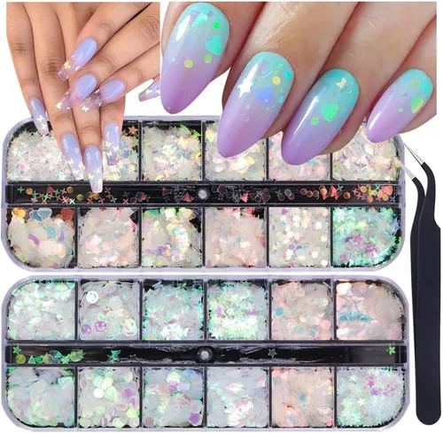 24 rejillas de lentejuelas holográficas para uñas y 1 pinza | Adhesivo iridiscente con purpurina de copos de sirena ultra finos y coloridos, para