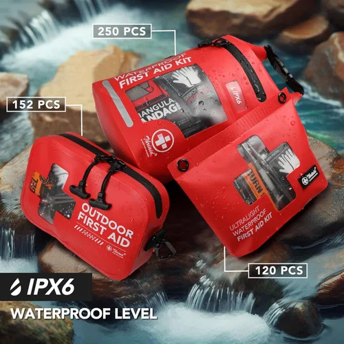 Miniatura 6 de Kit de primeros auxilios impermeable de 152 piezas, bolsa seca portátil para botes pequeños, bolsa de evacuación, kit médico de emergencia ideal