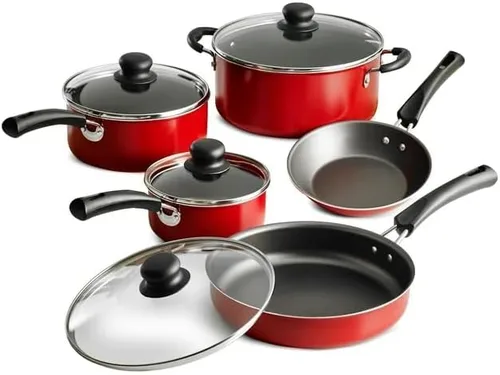 Juego de utensilios de cocina antiadherentes de 9 piezas, juego de ollas y sartenes de cocina rojas con tapas de vidrio, asas que se mantienen
