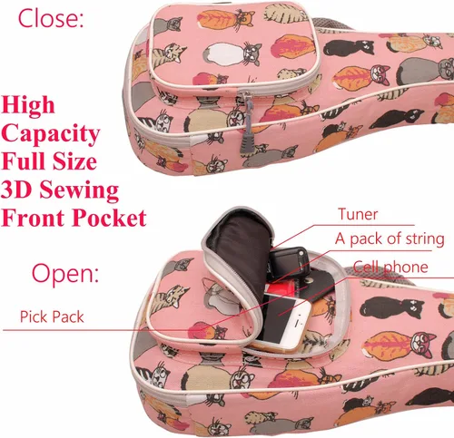 Miniatura 7 de MUSIC FIRST Funda de lona para ukelele MISS CAT para ukelele, correas de hombro dobles, diseño original