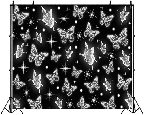 Miniatura 8 de Fondo de principios de los años 2000, mariposa negra con purpurina, fondos de fotografía de fiesta de la vieja escuela 2000, decoración de fiesta