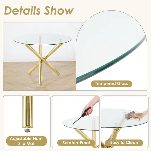 Miniatura 6 de Juego pequeño de mesa redonda con tapa de vidrio transparente para 2, 36'' Juego moderno de lujo para cenas circulares, 3 piezas Juego minimalista