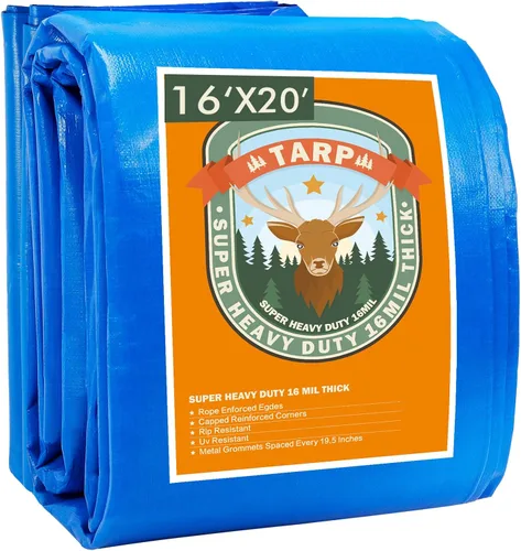 Lona azul, lonas resistentes al agua de 16 x 20 pulgadas, lona de plástico impermeable de poliéster de 16 mil de grosor con ojales de metal cada
