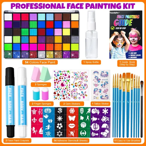 Miniatura 4 de Kit de pintura facial de 54 colores para niños, kit de maquillaje de pintura facial no tóxica con plantilla, libro guía, kit de maquillaje
