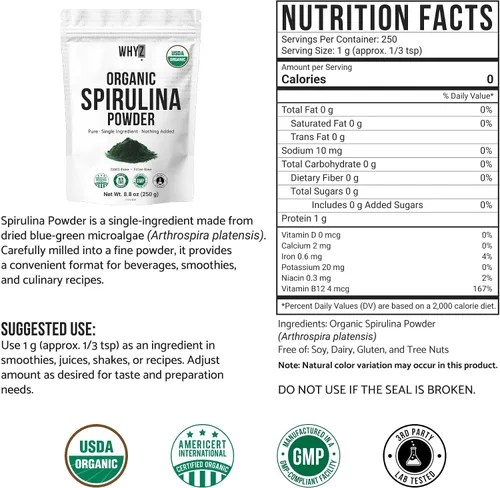 Miniatura 2 de WHYZ Polvo de espirulina orgánica, 8.82 oz, suplemento de espirulina rico en proteínas, superalimento orgánico para apoyo inmunológico, polvo