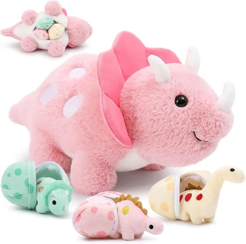 Miniatura 15 de Animales de peluche de dinosaurio, juguete de peluche para niñas y niños, una mamá dinosaurio con 3 dinosaurios bebés, triceratops, estegosaurio