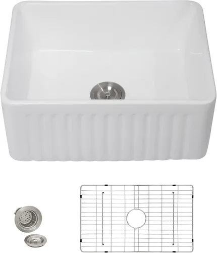 Miniatura 13 de Fregadero de barra blanco de 24"x18" para montaje bajo encimera - Arcilla refractaria de porcelana cerámica de alto brillo, montaje dual, un seno