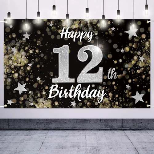 Miniatura 26 de Decoración de feliz cumpleaños 37, cartel grande de fondo de cumpleaños de 37 años con estrella de ensueño negro y plateado – Decoración de fiesta