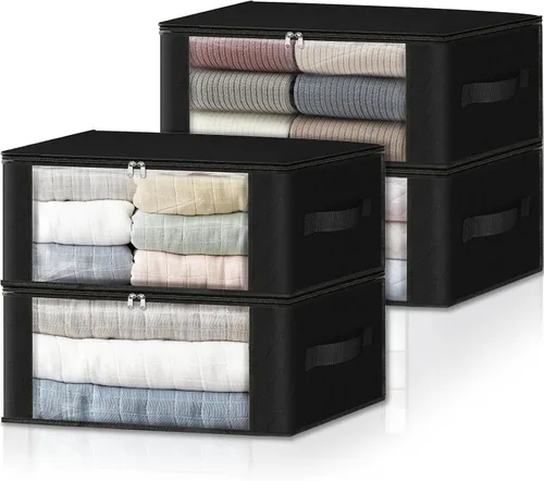 Miniatura 25 de HomeHacks Paquete de 3 bolsas organizadoras de ropa, caja de almacenamiento plegable con gran ventana transparente y asas resistentes para armario