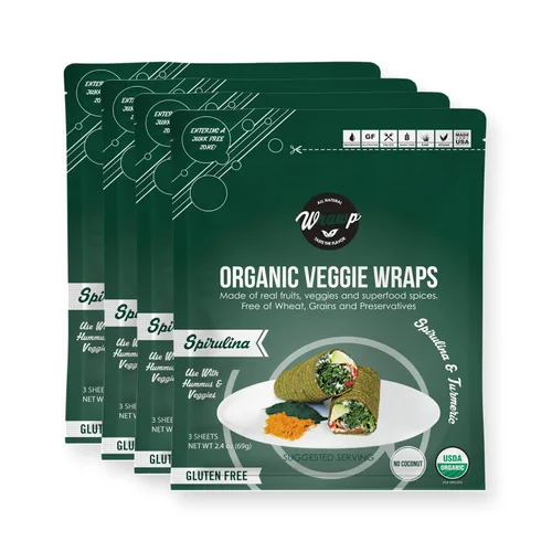 WrawP Mini envolturas vegetales orgánicas – SPIRULINA (paquete de 4) ESTABLES EN ESTANTE, todo natural, sin gluten, paleo, vegano crudo. Perfecto