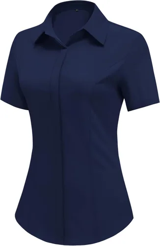 Miniatura 9 de HOTOUCH Camisas de manga corta con botones para mujer, blusa con cuello ajustado, blusa básica de verano para oficina, tallas S-2XL