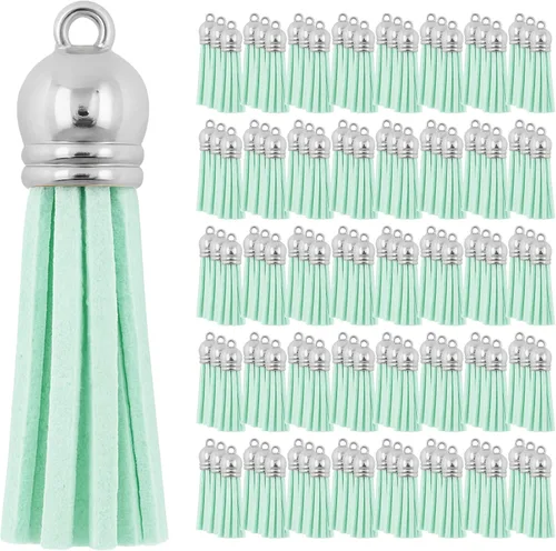 Miniatura 19 de Mandala Crafts 100 borlas de gamuza sintética color aguamarina con tapa dorada, suministros para hacer llaveros a granel, pequeñas borlas de cuero