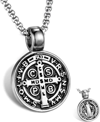 Collar con colgante de medalla de exorcismo de San Benito para hombre acero inoxidable cruz católica romana protección de demonio joyería religiosa