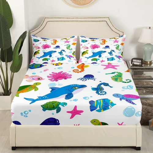 Miniatura 3 de Erosebridal Juego de sábanas de pez oceánico, juego de sábanas tamaño individual de tortuga marina para niños y niñas, sábanas de pulpo, delfín