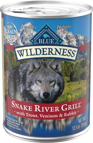 Blue Buffalo Wilderness Snake River Grill - Alimento húmedo natural con alto contenido de proteínas para perros adultos, trucha, venado y conejo,