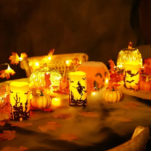 Miniatura 2 de Homemory Velas de Halloween, velas sin llama naranjas, velas led de pilas impermeables para exteriores con calabazas impresas, con mando a distancia