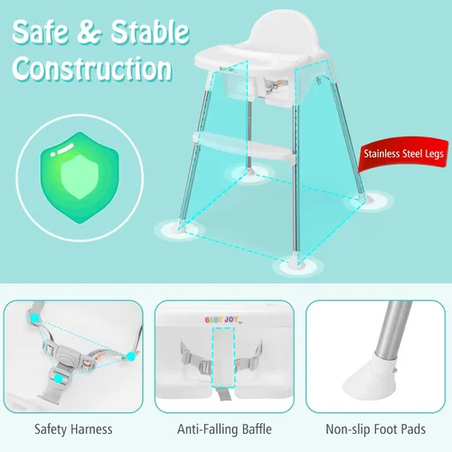 Miniatura 5 de BABY JOY Silla alta para bebé, 4 en 1, trona convertible para bebés y niños pequeños con patas ajustables, doble bandeja extraíble, arnés de Blanco