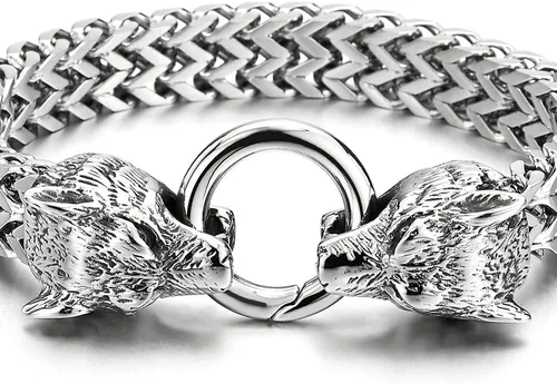 Miniatura 3 de COOLSTEELANDBEYOND Biker - Pulsera de acero inoxidable para hombre con cabeza de lobo con cierre de anillo de resorte