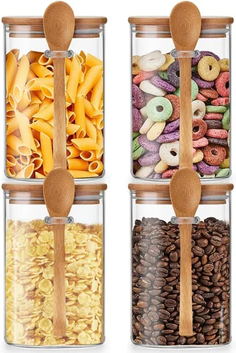 Unbreakable - Frascos de vidrio con tapa hermética de bambú y cuchara, 4 piezas de 39 oz, recipientes para avena nocturna, botes de cocina,