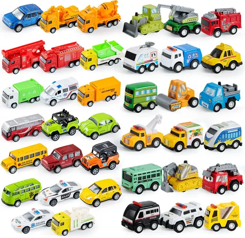 JOYIN Coches urbanos de 38 piezas, autos de juguete de metal fundido a presión, juego de vehículos para niños pequeños, autos de juego para niñas y