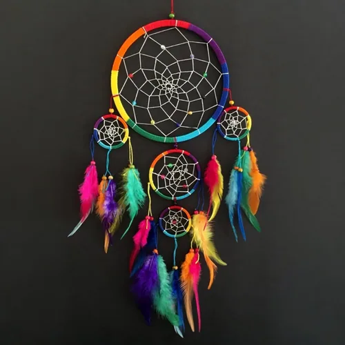 Miniatura 12 de OMA Atrapasueños – Colores tradicionales de tie-dye hechos a mano, plumas turquesa, morado y blanco – Tamaño grande – 9 pulgadas de diámetro y 30
