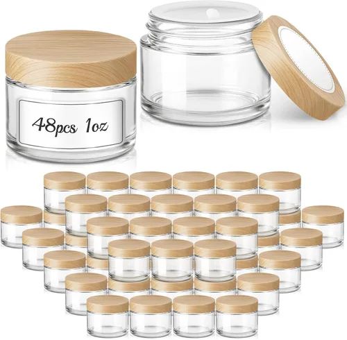 Miniatura 9 de Bumobum - Tarros de vidrio de 1 onza con tapas, paquete de 48 tarros de crema ámbar con tapas negras, etiquetas blancas y negras y revestimientos