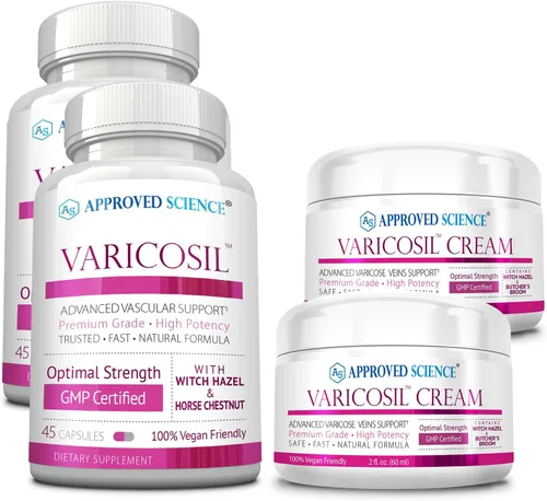 Approved Science Varicosil Cápsulas y crema – 90 cápsulas – 4 onzas líquidas – Calma las venas varicosas, mejora la circulación y el flujo