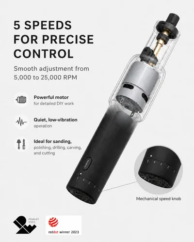Miniatura 2 de HOTO Kit de herramientas rotativas inalámbricas 35 en 1, motor fuerte, 25000 rpm, bolígrafo de grabado potente de 5 velocidades variables, luz LED