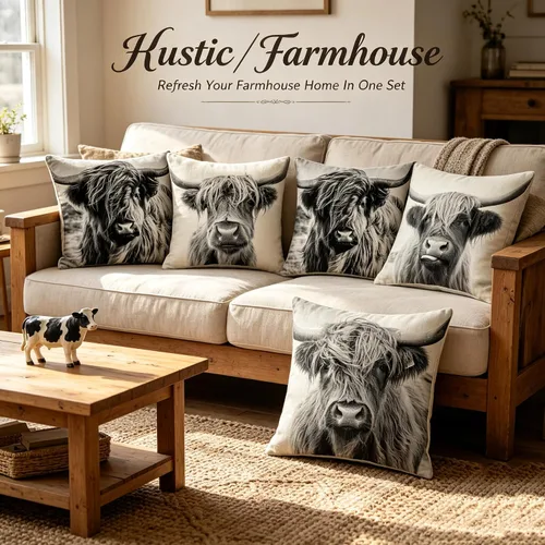 Miniatura 2 de Juego de 4 fundas de almohada con estampado de vacas de las Tierras Altas, suaves fundas de almohadón decorativas de lino rústico, fundas