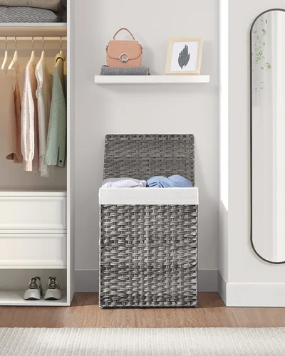 Miniatura 8 de SONGMICS Cesta de lavandería con tapa, cesta de ropa de 90 litros con 2 bolsas de forro extraíbles, 6 bolsas de malla, canasta de mimbre para Gris