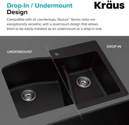 Miniatura 8 de Kraus Quarza - Fregadero de cocina de doble seno 60/40 de granito de 33 pulgadas para instalación empotrada/sobre encimera, color blanco