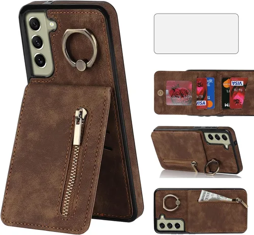 Asuwish Funda de teléfono para Samsung Galaxy S22 5G Funda tipo cartera con protector de pantalla de vidrio templado y cremallera RFID Tarjetero