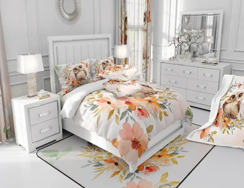 Miniatura 6 de Manfei Sábana bajera ajustable de búho de dibujos animados, tamaño individual, juego de ropa de cama de flores en acuarela de 2 piezas para Multi 09