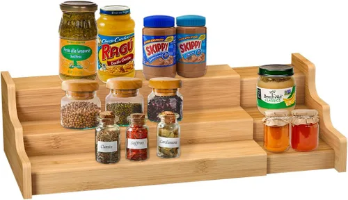 Organizador de gabinete de cocina para especias, estante de exhibición expandible de bambú de 3 niveles, color amarillo