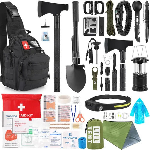 Juego de supervivencia, 268 piezas, equipo y suministros de emergencia de supervivencia con kit de primeros auxilios, hacha de campamento, linterna