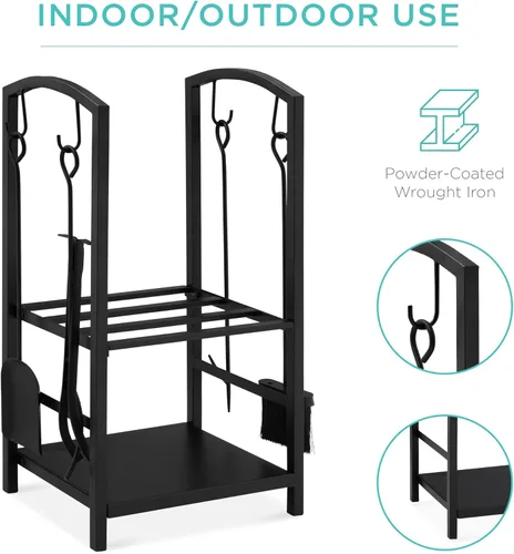 Miniatura 4 de Best Choice Products - Soporte para almacenamiento de leña de 5 piezas, hierro forjado, para interior y exterior, herramientas para fogata, con Negro