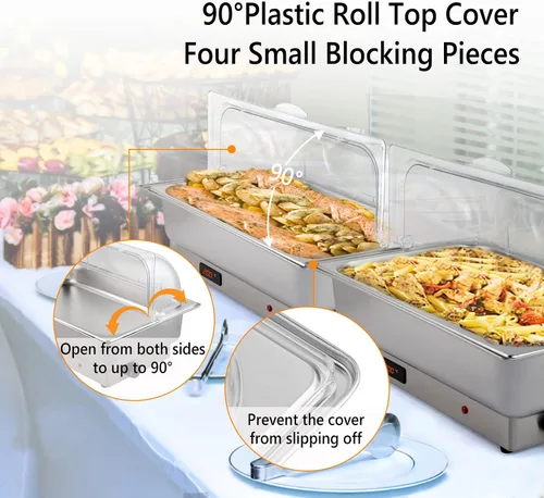 Miniatura 6 de ROVSUN Juego de bufé eléctrico de acero inoxidable de 9 cuartos de galón, NSF con tapa enrollable para catering, calentador de alimentos