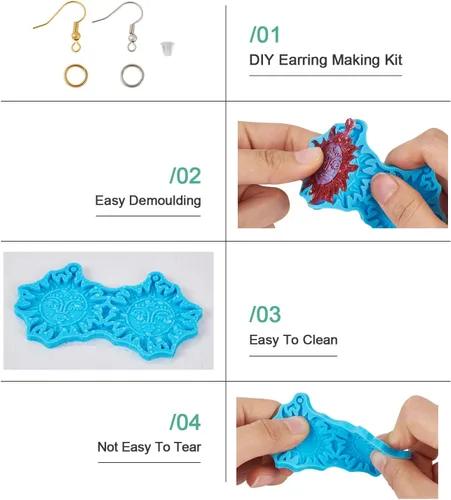 Miniatura 2 de Pandahall - 5 moldes de resina de silicona para aretes, luna creciente, luna, estrella, resina epoxi, joyería con ganchos para aretes y anillo