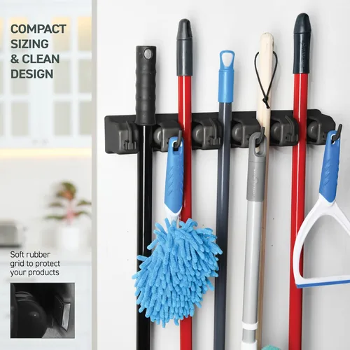 Miniatura 6 de Soporte de pared para fregona y escoba, organizador de almacenamiento de garaje con 5 ranuras, 6 ganchos, capacidad de 7.5 libras por ranura, hogar