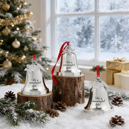 Miniatura 5 de JUPPE Adornos de campana de Navidad grabados en plata 2025 con texto en inglés "It's A Wonderful Life" para árbol de Navidad, boda, aniversario
